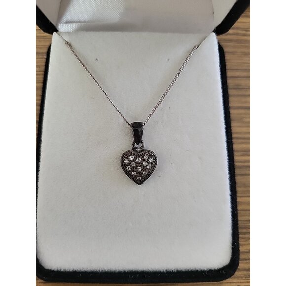 Vintage Sterling Silver 925 and 13 Pave Diamond Heart Pendant 18" Chain w/ Box - Picture 2 of 10